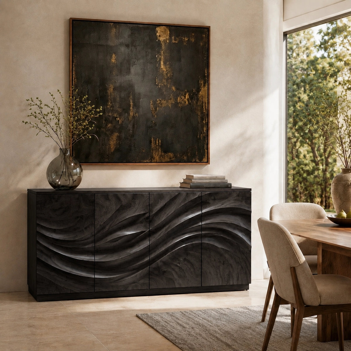 Sideboard with Wave-Carved Cabinet Doors in Natural Solid Wood - Woodenecho - 1