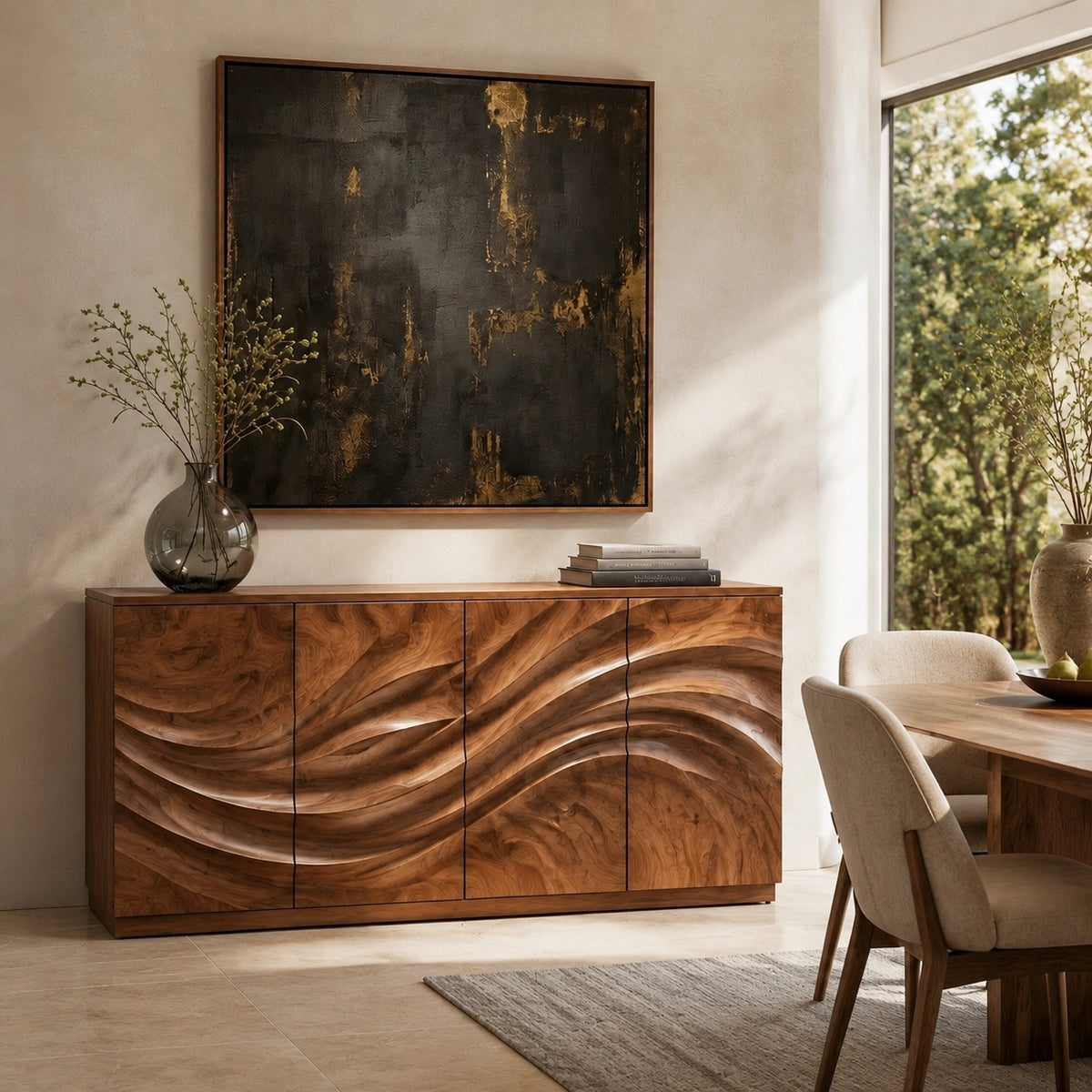 Sideboard with Wave-Carved Cabinet Doors in Natural Solid Wood - Woodenecho - 2