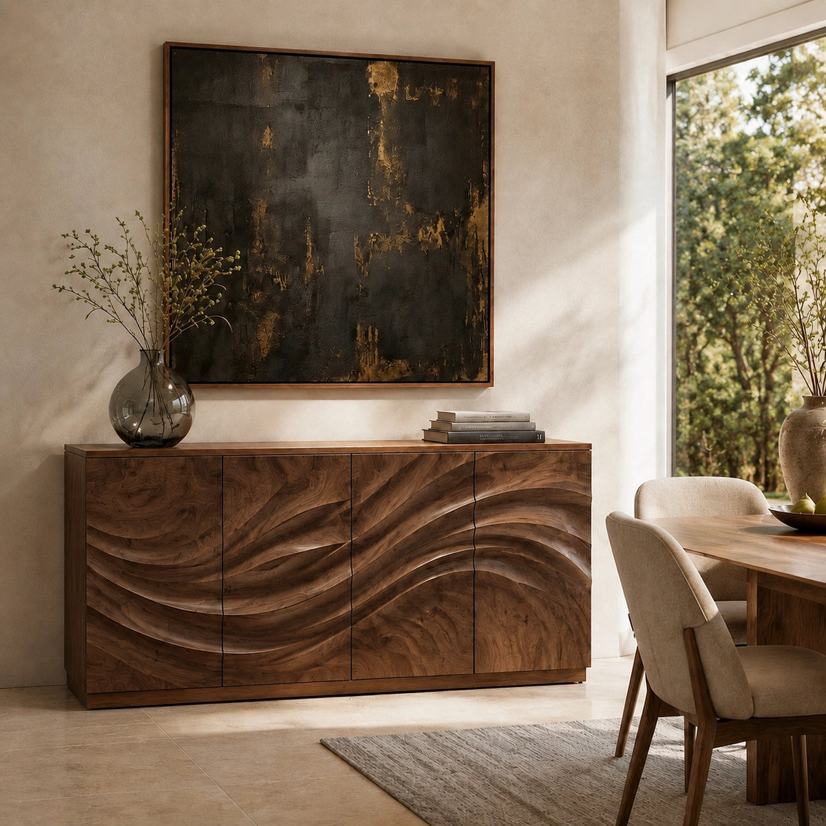 Sideboard with Wave-Carved Cabinet Doors in Natural Solid Wood - Woodenecho - 3