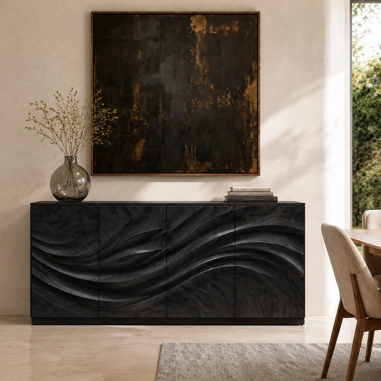 Sideboard with Wave-Carved Cabinet Doors in Natural Solid Wood - Woodenecho - 5