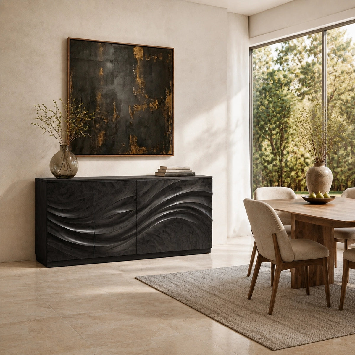 Sideboard with Wave-Carved Cabinet Doors in Natural Solid Wood - Woodenecho - 6