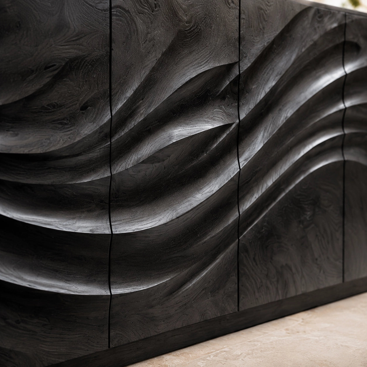 Sideboard with Wave-Carved Cabinet Doors in Natural Solid Wood - Woodenecho - 7