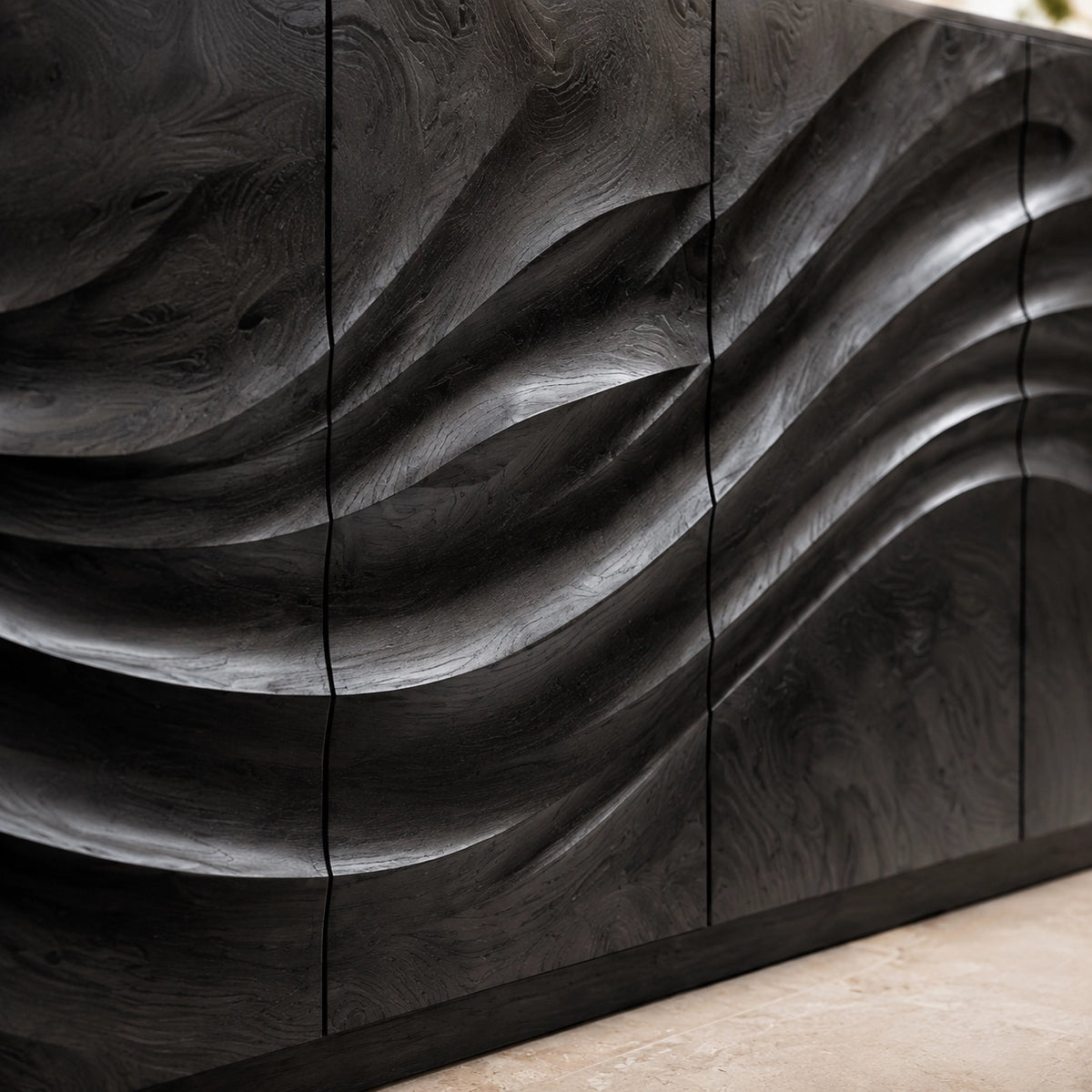 Sideboard with Wave-Carved Cabinet Doors in Natural Solid Wood - Woodenecho - 7