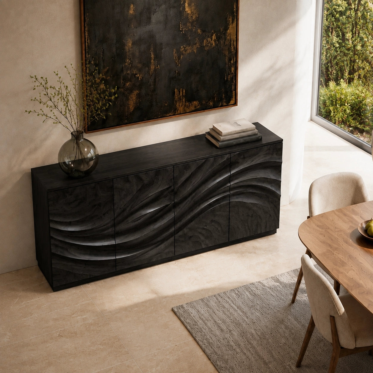 Sideboard with Wave-Carved Cabinet Doors in Natural Solid Wood - Woodenecho - 8