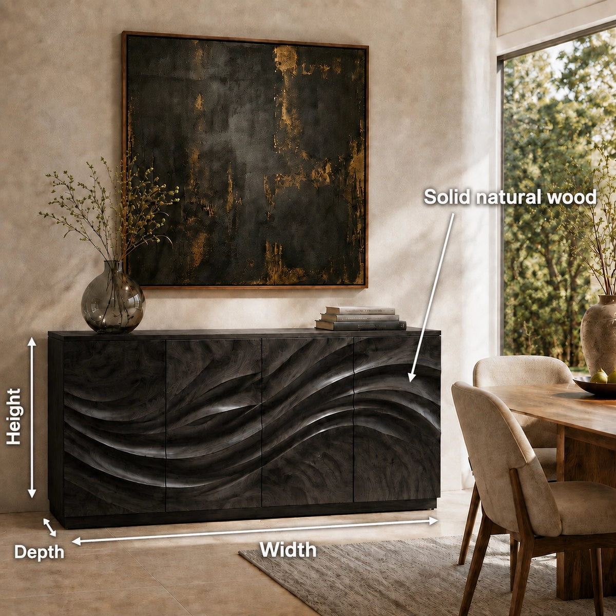 Sideboard with Wave-Carved Cabinet Doors in Natural Solid Wood - Woodenecho - 9