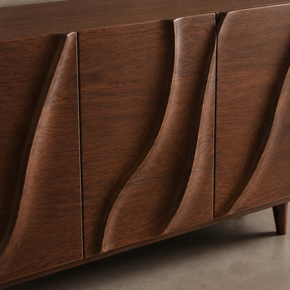 Sideboard with Wave-Carved Doors in Natural Solid Wood for Dining - Woodenecho - 1