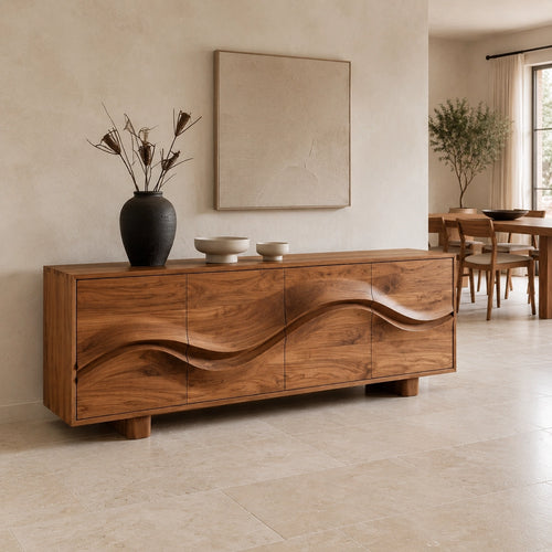 Sideboard with Wave-Carved Doors in Natural Solid Wood for Dining - Woodenecho - 1