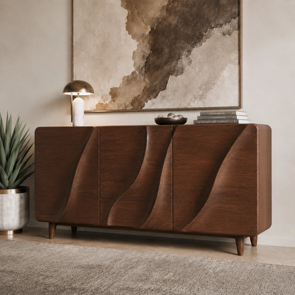 Sideboard with Wave-Carved Doors in Natural Solid Wood for Dining - Woodenecho - 2
