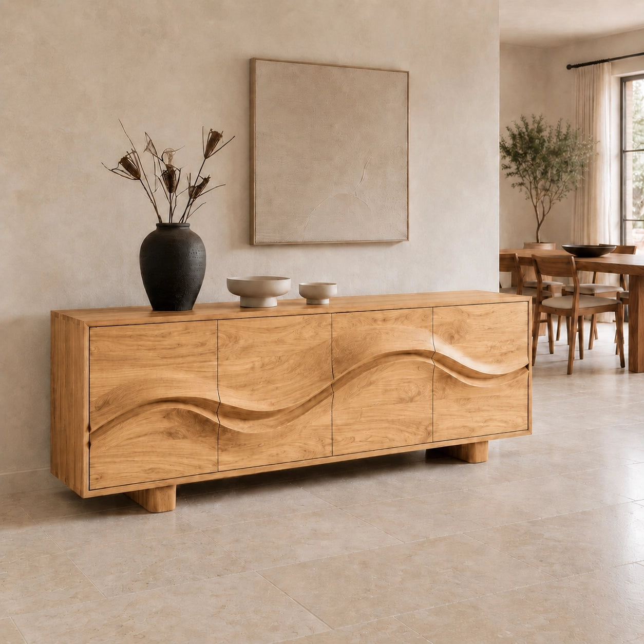 Sideboard with Wave-Carved Doors in Natural Solid Wood for Dining - Woodenecho - 2