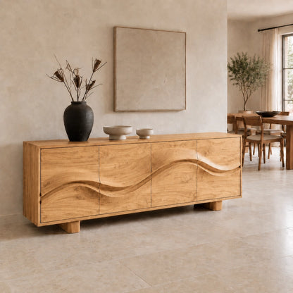 Sideboard with Wave-Carved Doors in Natural Solid Wood for Dining - Woodenecho - 2
