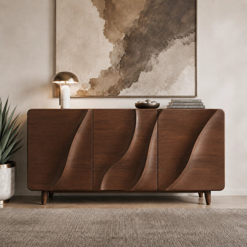 Sideboard with Wave-Carved Doors in Natural Solid Wood for Dining - Woodenecho - 3