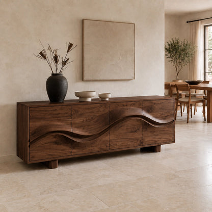 Sideboard with Wave-Carved Doors in Natural Solid Wood for Dining - Woodenecho - 3