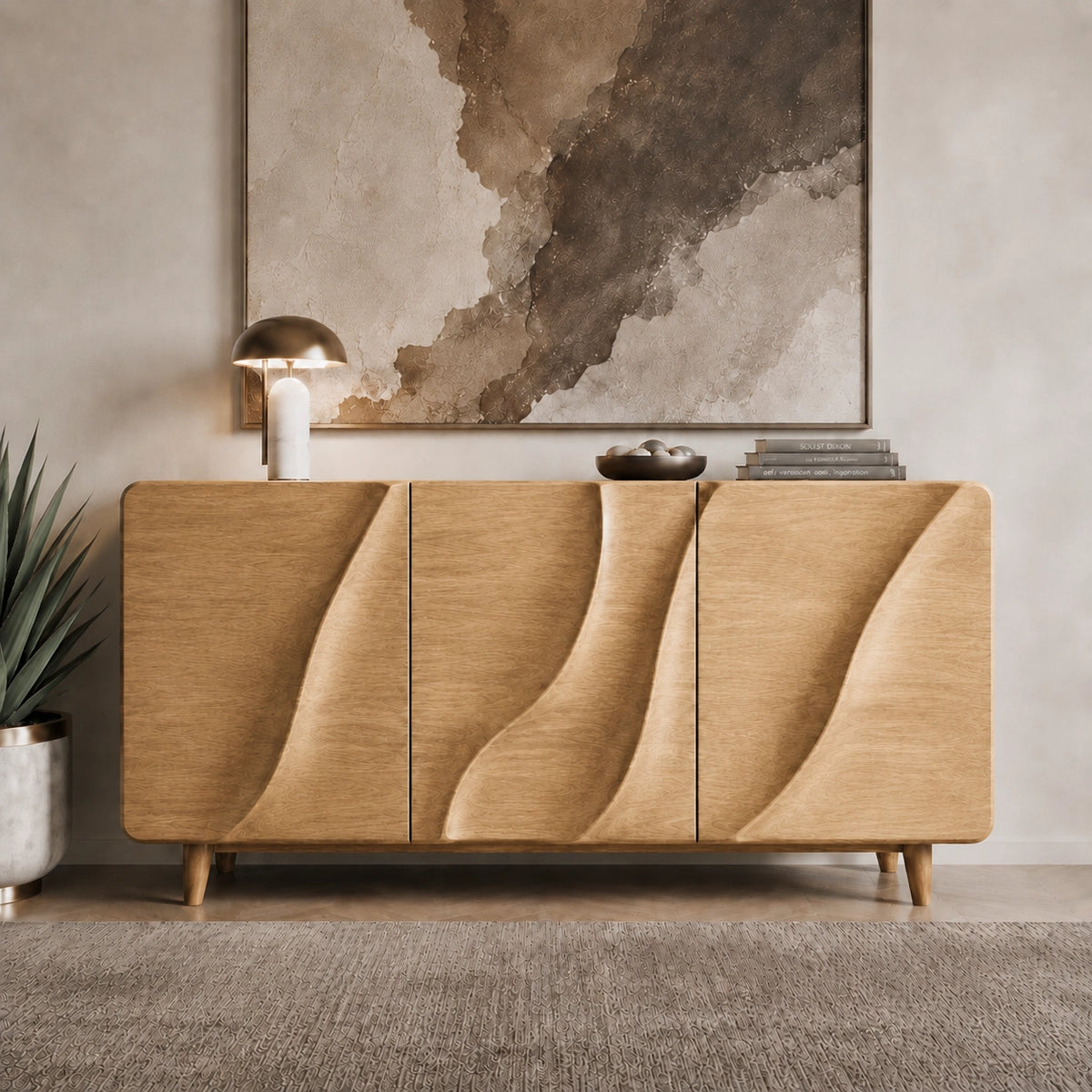 Sideboard with Wave-Carved Doors in Natural Solid Wood for Dining - Woodenecho - 4
