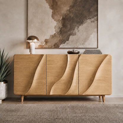 Sideboard with Wave-Carved Doors in Natural Solid Wood for Dining - Woodenecho - 4