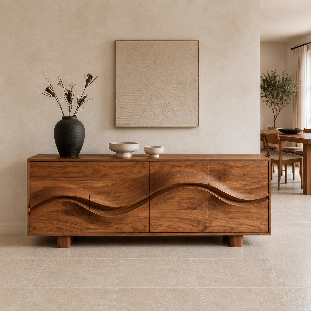 Sideboard with Wave-Carved Doors in Natural Solid Wood for Dining - Woodenecho - 5