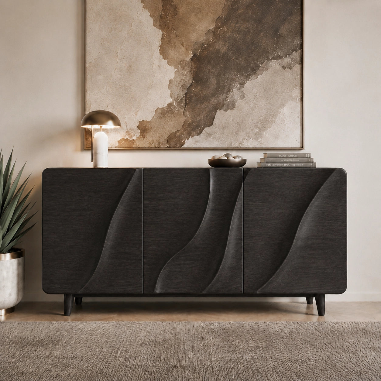 Sideboard with Wave-Carved Doors in Natural Solid Wood for Dining - Woodenecho - 6