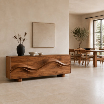 Sideboard with Wave-Carved Doors in Natural Solid Wood for Dining - Woodenecho - 6