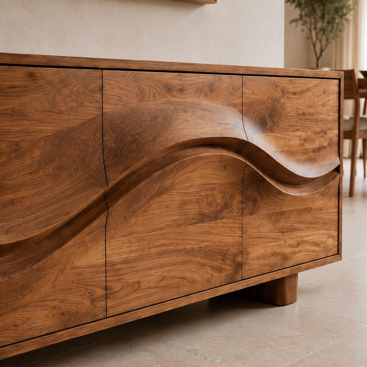Sideboard with Wave-Carved Doors in Natural Solid Wood for Dining - Woodenecho - 7