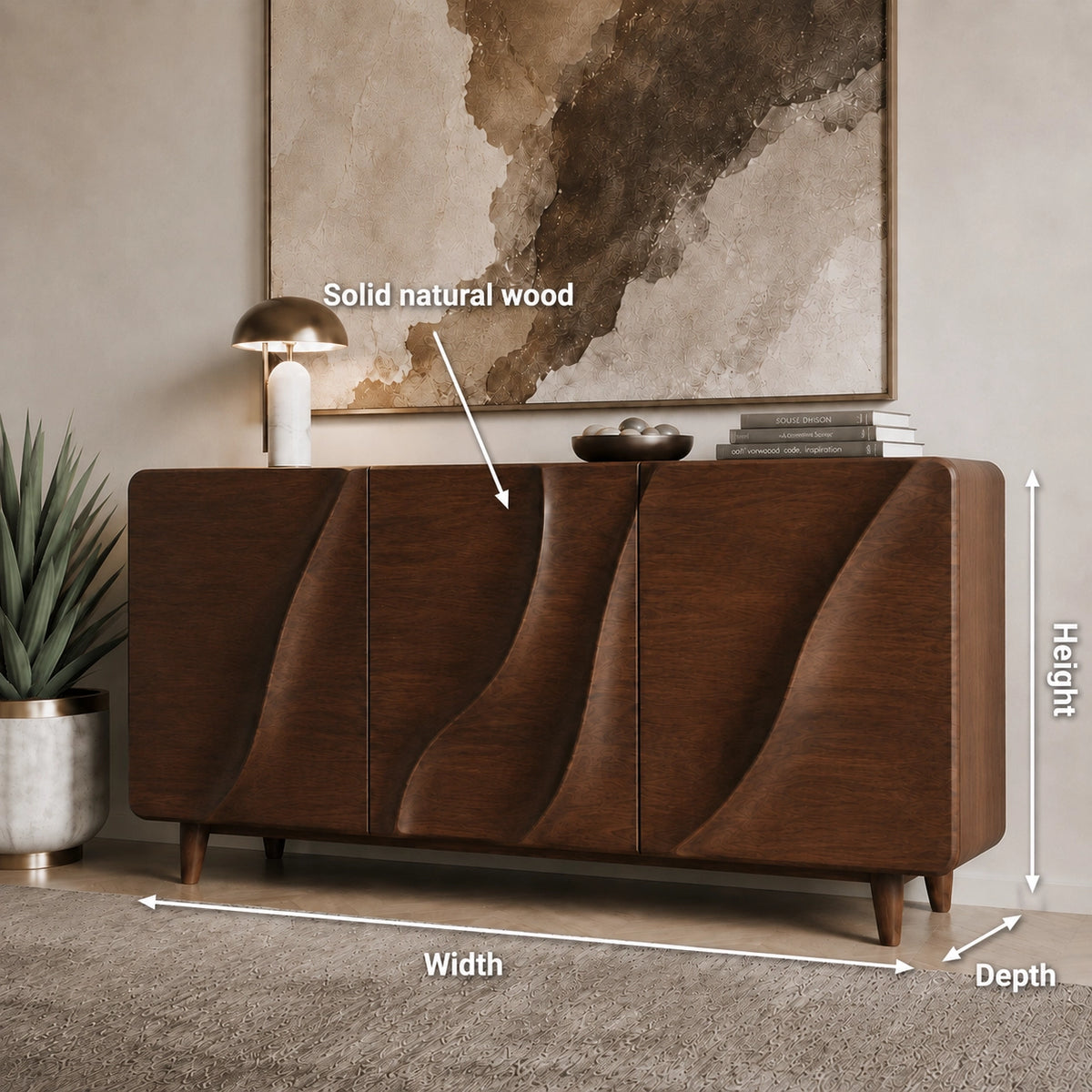 Sideboard with Wave-Carved Doors in Natural Solid Wood for Dining - Woodenecho - 8