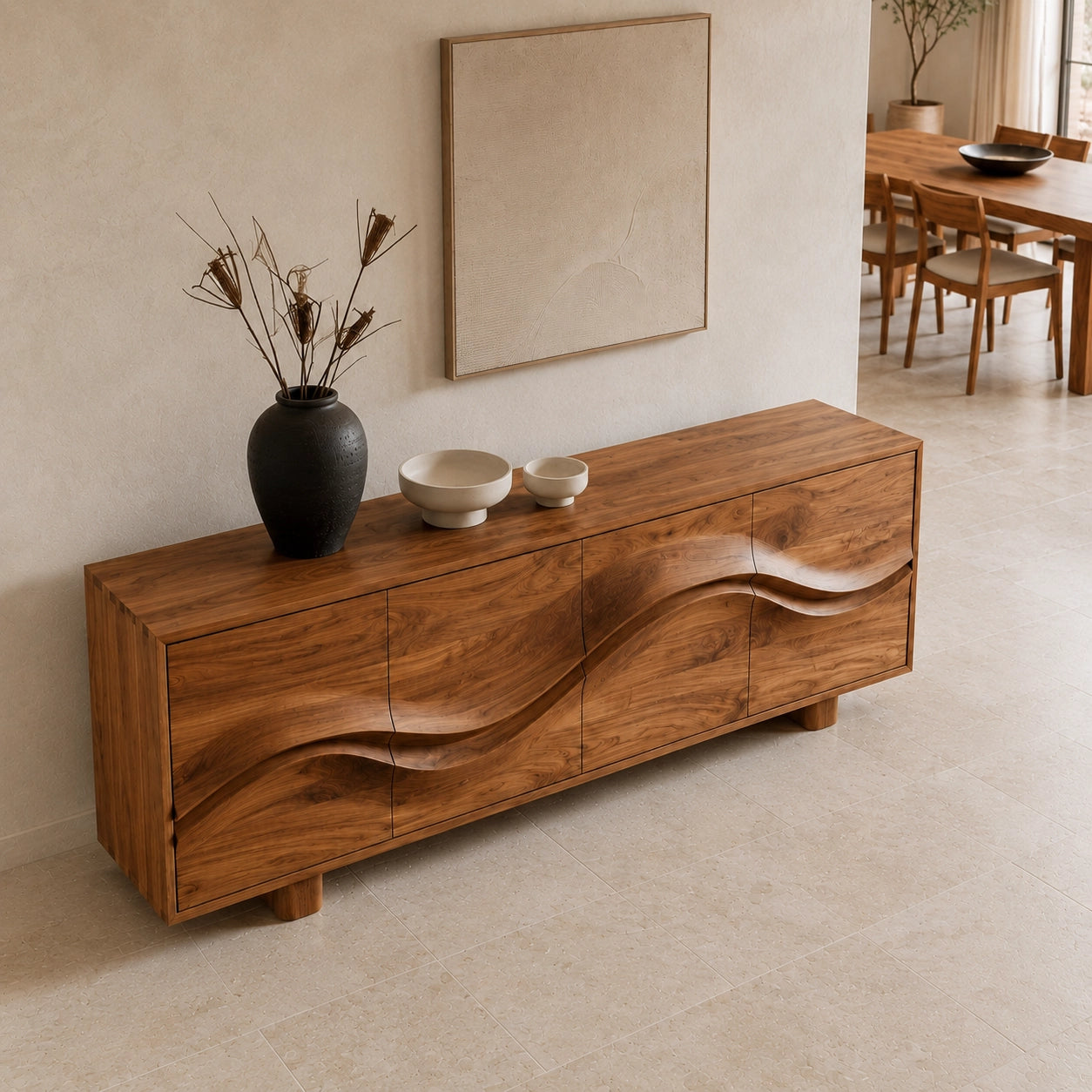 Sideboard with Wave-Carved Doors in Natural Solid Wood for Dining - Woodenecho - 8