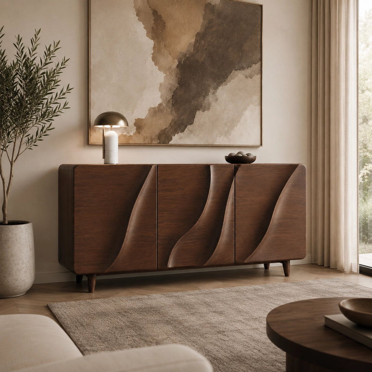 Sideboard with Wave-Carved Doors in Natural Solid Wood for Dining - Woodenecho - 9