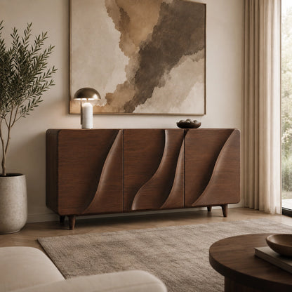 Sideboard with Wave-Carved Doors in Natural Solid Wood for Dining - Woodenecho - 9