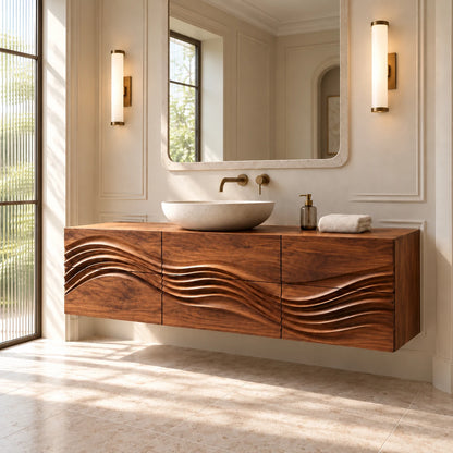 Single Bathroom Vanity with Sink, Flowing Wave-Carved Six-Drawer Front - Woodenecho - 10