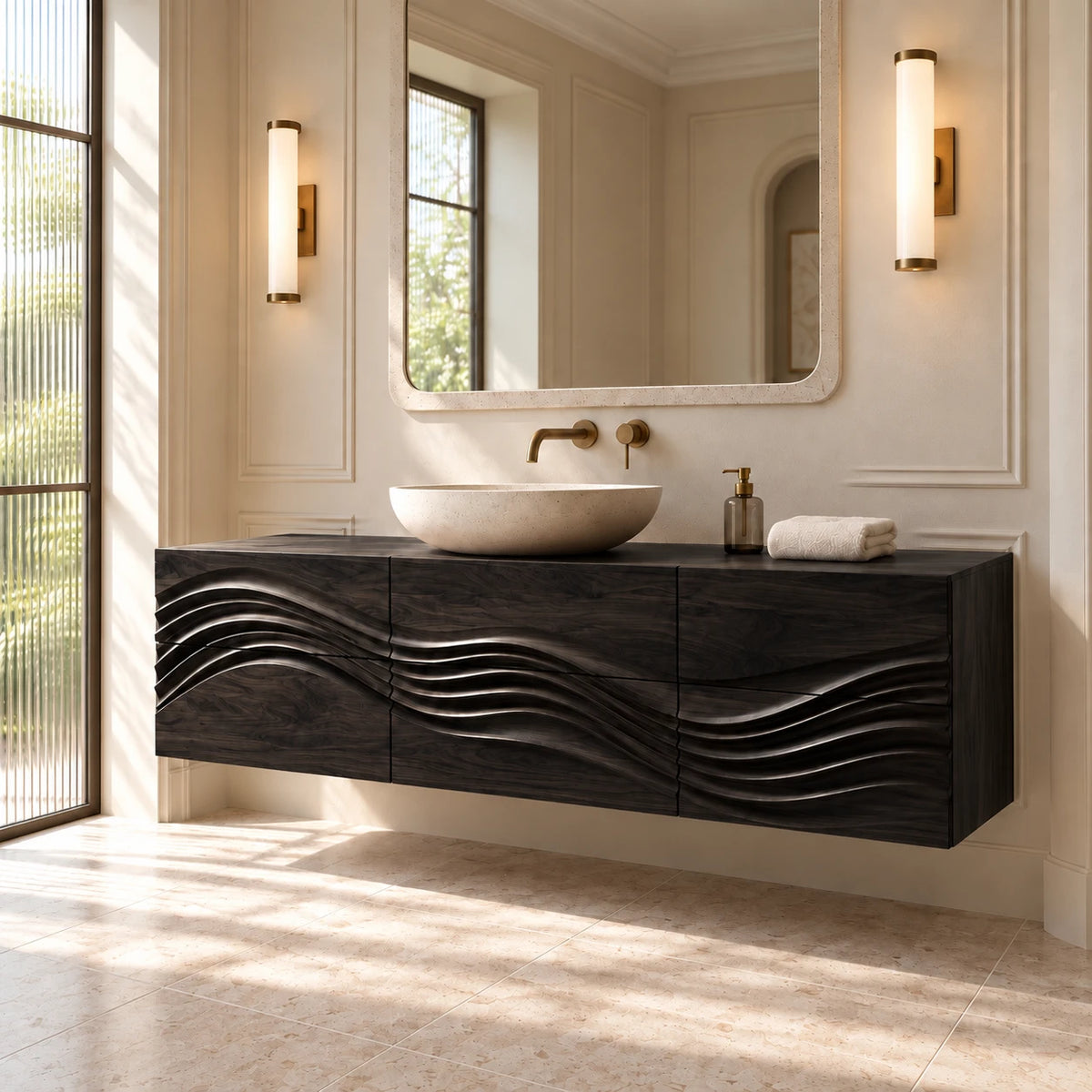 Single Bathroom Vanity with Sink, Flowing Wave-Carved Six-Drawer Front - Woodenecho - 11