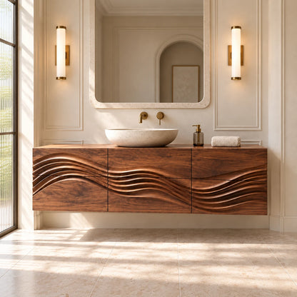 Single Bathroom Vanity with Sink, Flowing Wave-Carved Six-Drawer Front - Woodenecho - 2