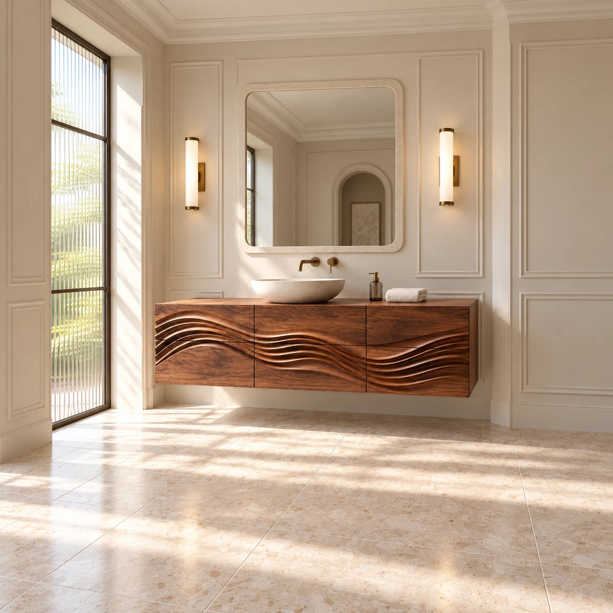 Single Bathroom Vanity with Sink, Flowing Wave-Carved Six-Drawer Front - Woodenecho - 3