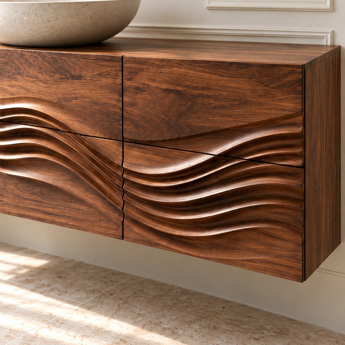 Single Bathroom Vanity with Sink, Flowing Wave-Carved Six-Drawer Front - Woodenecho - 4
