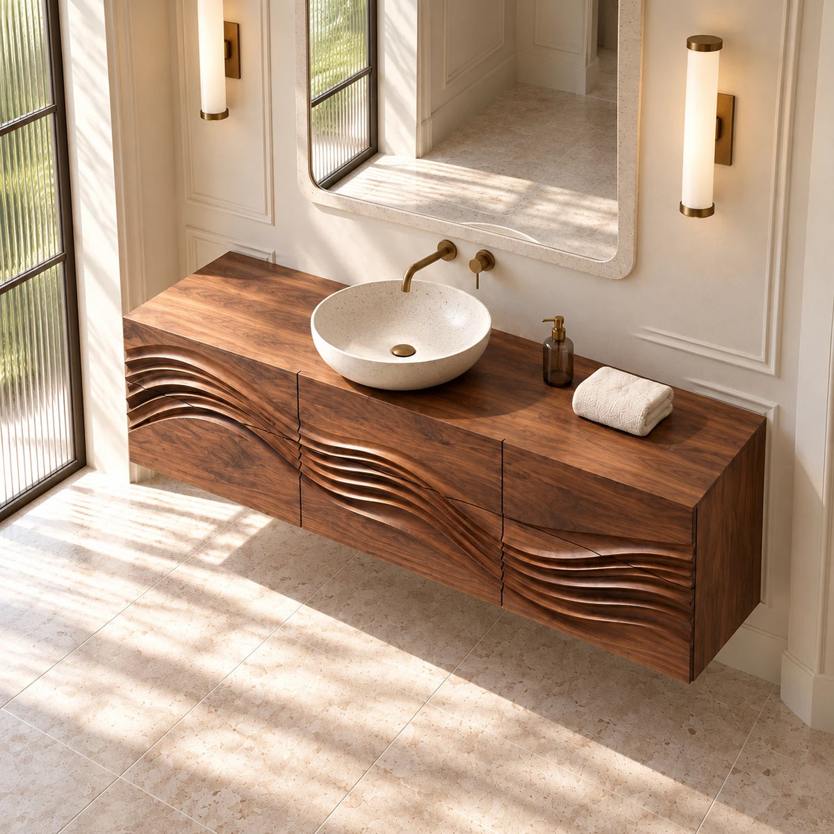 Single Bathroom Vanity with Sink, Flowing Wave-Carved Six-Drawer Front - Woodenecho - 5