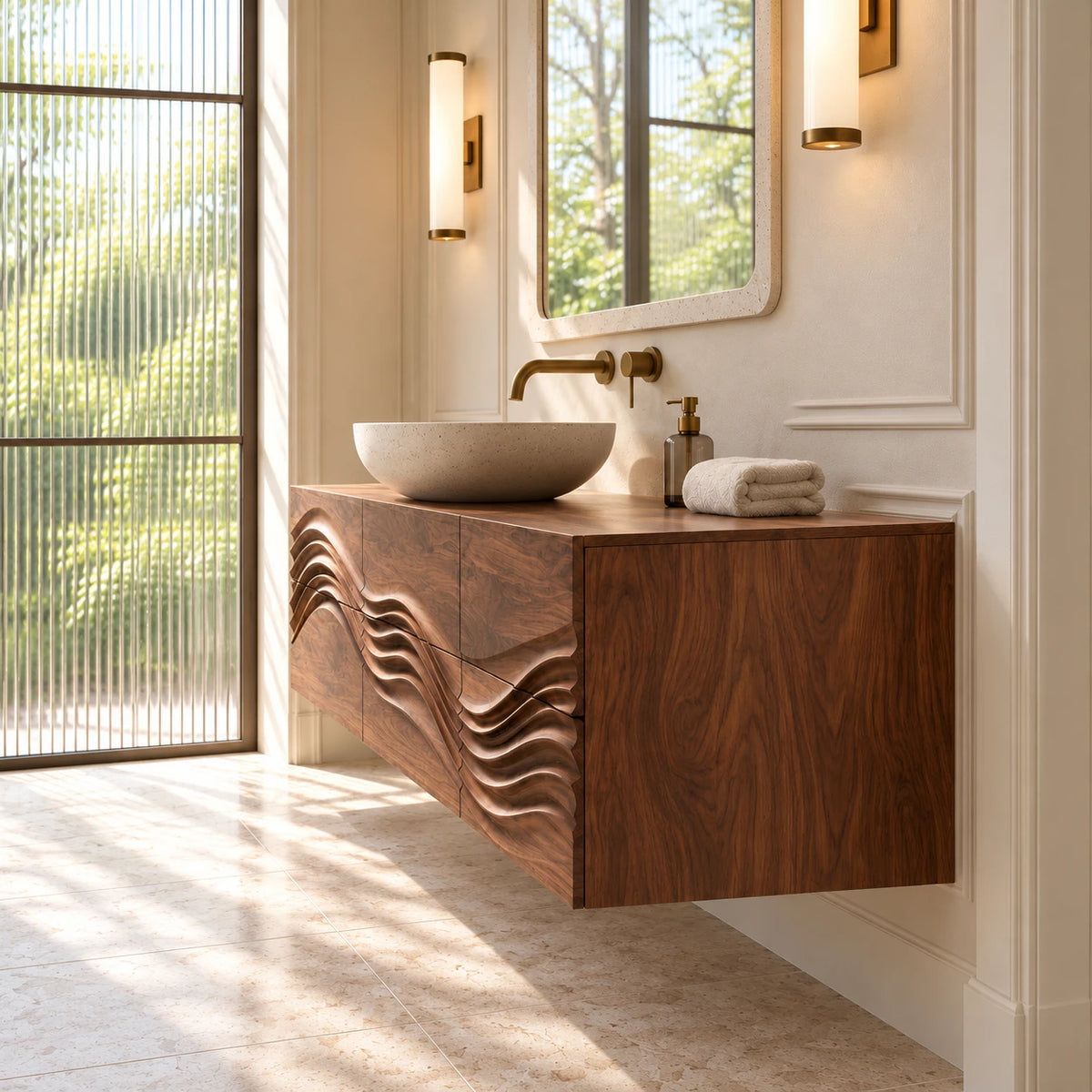 Single Bathroom Vanity with Sink, Flowing Wave-Carved Six-Drawer Front - Woodenecho - 6