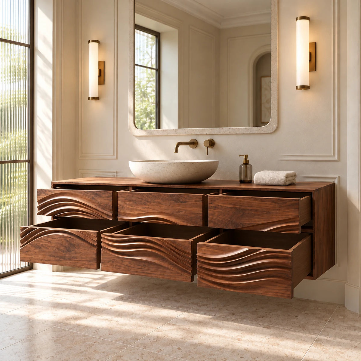 Single Bathroom Vanity with Sink, Flowing Wave-Carved Six-Drawer Front - Woodenecho - 7