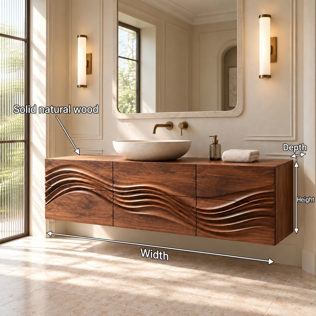 Single Bathroom Vanity with Sink, Flowing Wave-Carved Six-Drawer Front - Woodenecho - 8