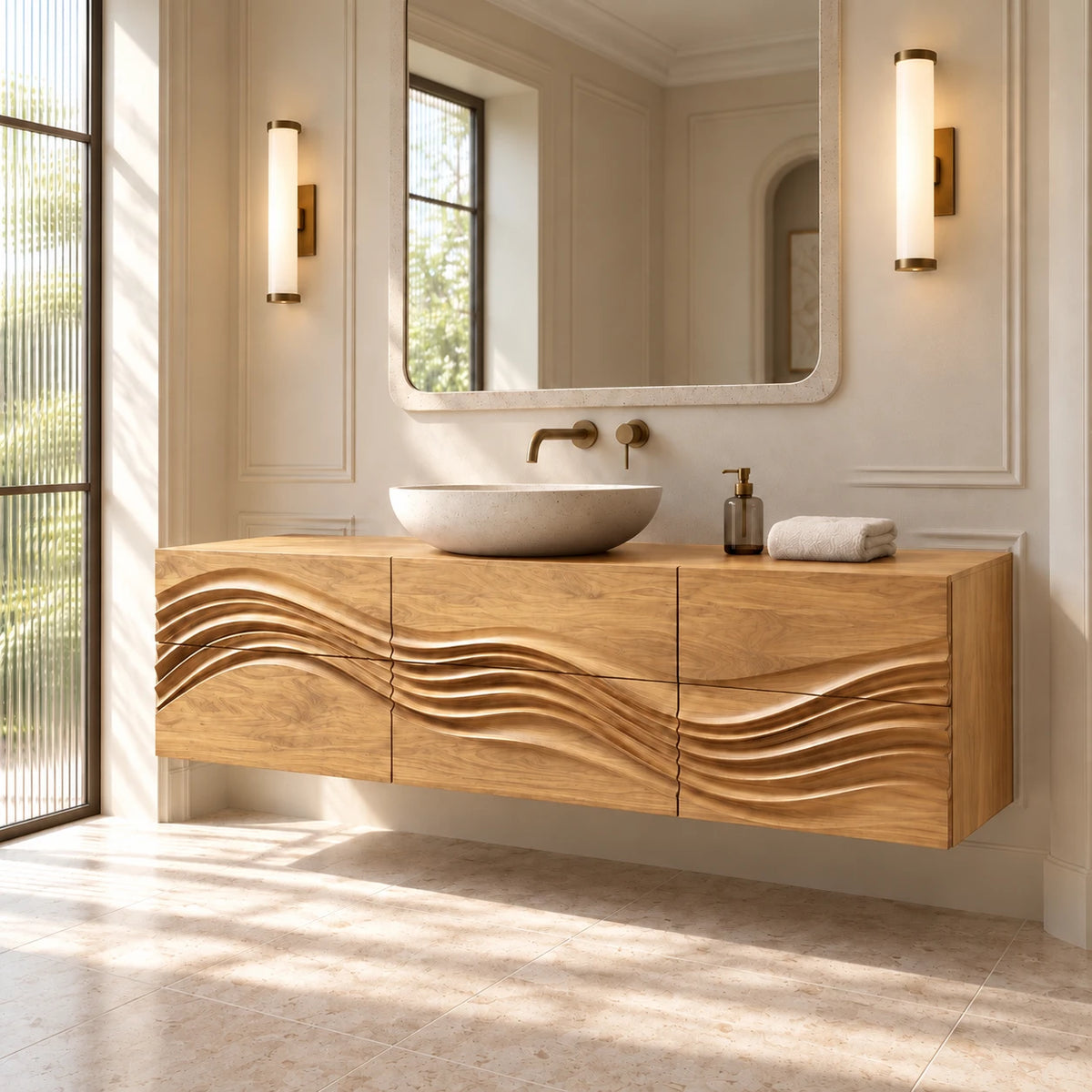 Single Bathroom Vanity with Sink, Flowing Wave-Carved Six-Drawer Front - Woodenecho - 9