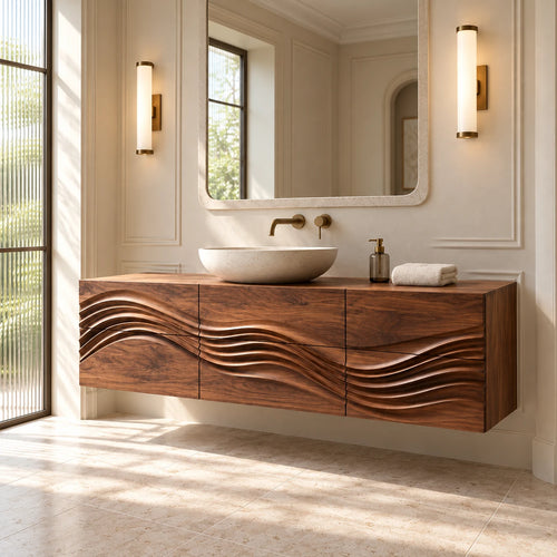 Single Bathroom Vanity with Sink, Flowing Wave-Carved Six-Drawer Front - Woodenecho