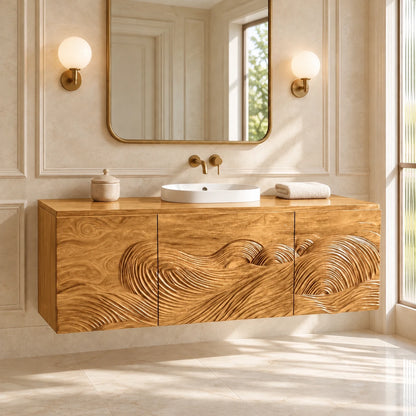 Single Bathroom Vanity with Sink, Three Wave-Carved Doors and Slab-Top Basin - Woodenecho - 10