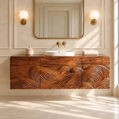 Single Bathroom Vanity with Sink, Three Wave-Carved Doors and Slab-Top Basin - Woodenecho - 2