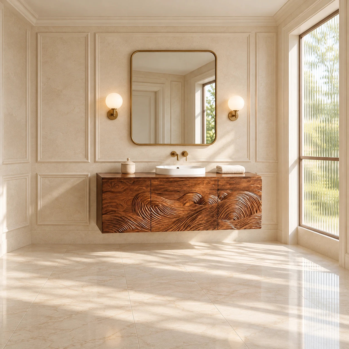 Single Bathroom Vanity with Sink, Three Wave-Carved Doors and Slab-Top Basin - Woodenecho - 3
