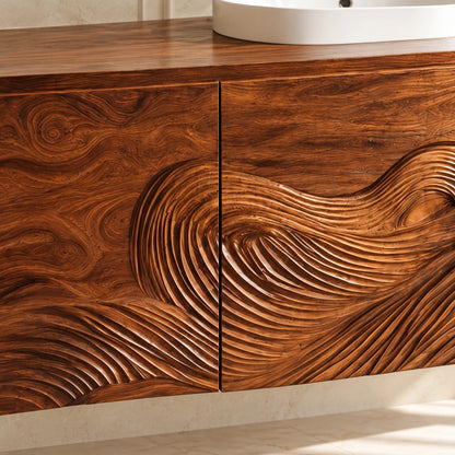 Single Bathroom Vanity with Sink, Three Wave-Carved Doors and Slab-Top Basin - Woodenecho - 4