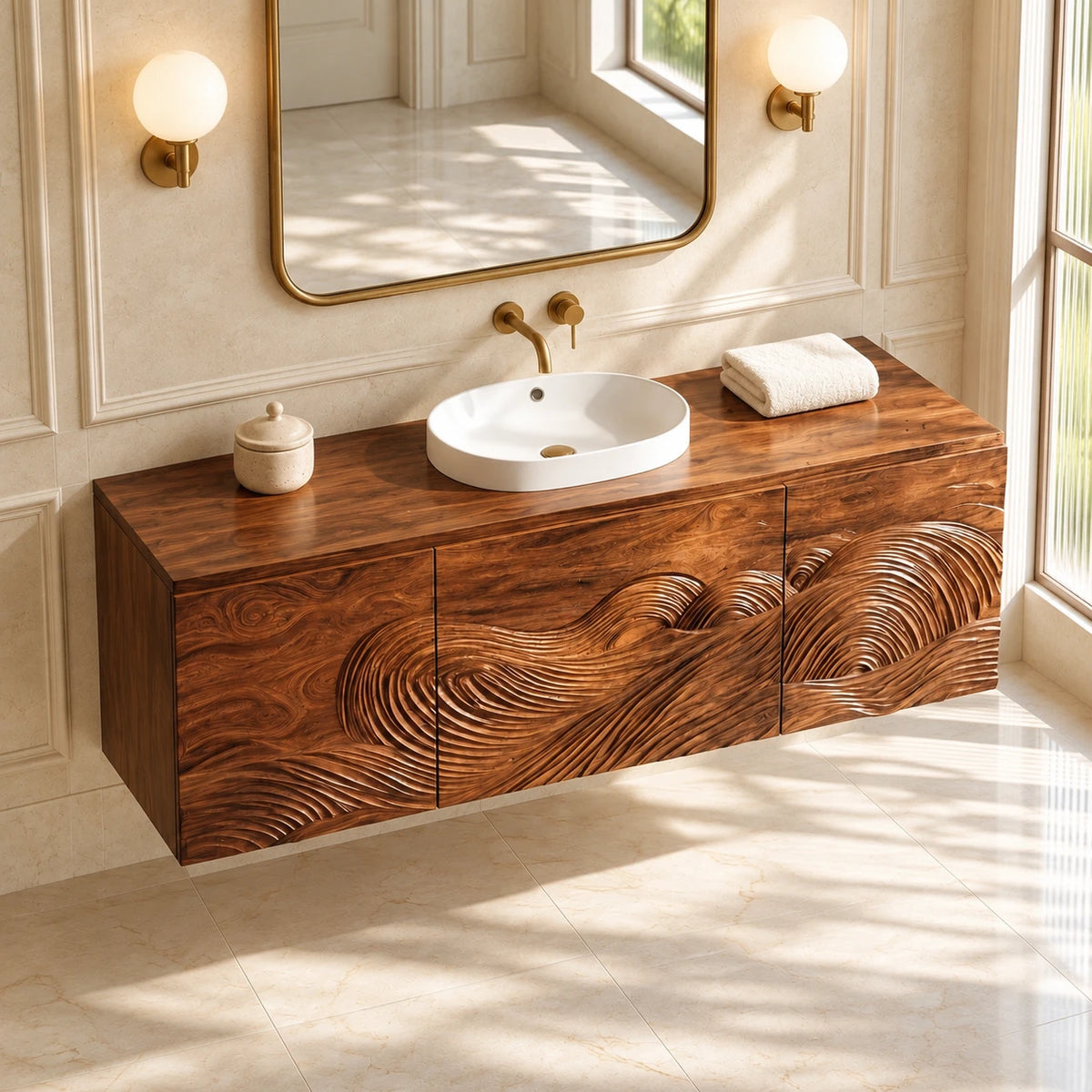 Single Bathroom Vanity with Sink, Three Wave-Carved Doors and Slab-Top Basin - Woodenecho - 5