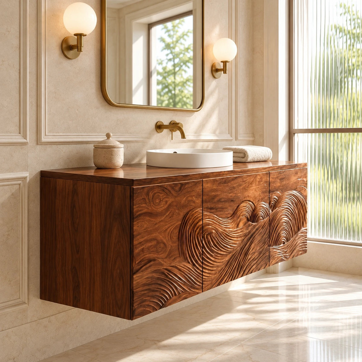 Single Bathroom Vanity with Sink, Three Wave-Carved Doors and Slab-Top Basin - Woodenecho - 6