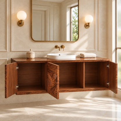 Single Bathroom Vanity with Sink, Three Wave-Carved Doors and Slab-Top Basin - Woodenecho - 7