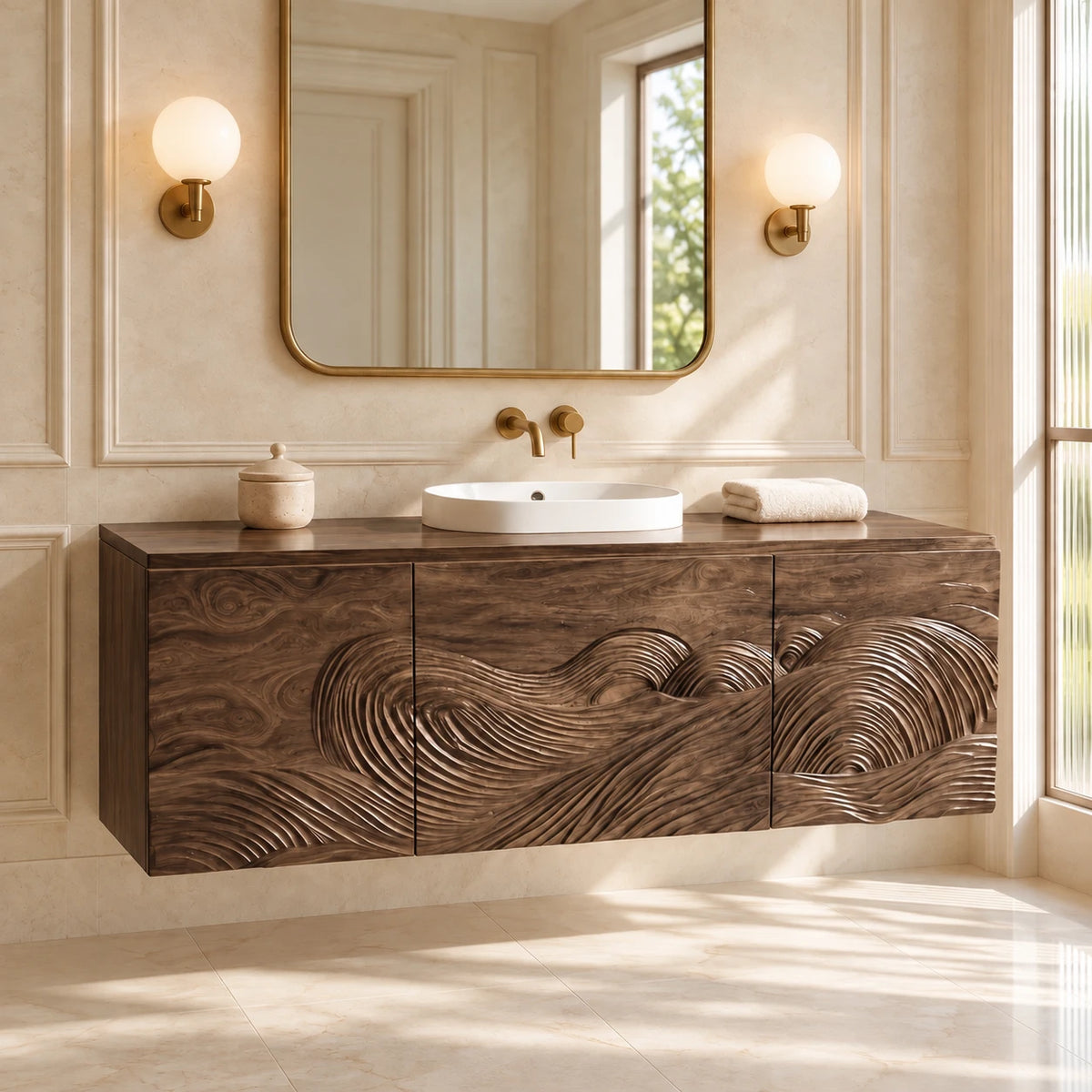 Single Bathroom Vanity with Sink, Three Wave-Carved Doors and Slab-Top Basin - Woodenecho - 9