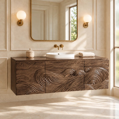 Single Bathroom Vanity with Sink, Three Wave-Carved Doors and Slab-Top Basin - Woodenecho - 9