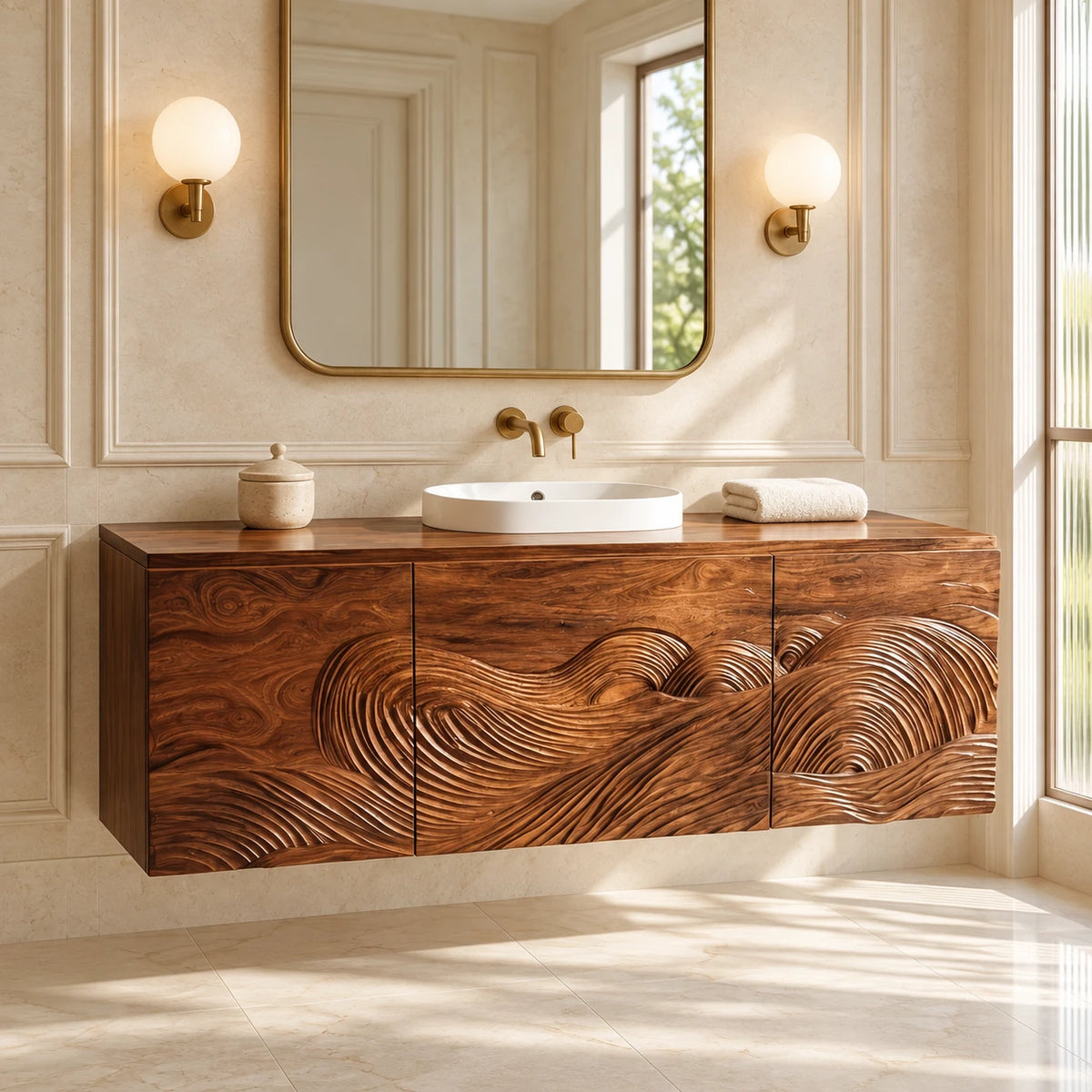 Single Bathroom Vanity with Sink, Three Wave-Carved Doors and Slab-Top Basin - Woodenecho