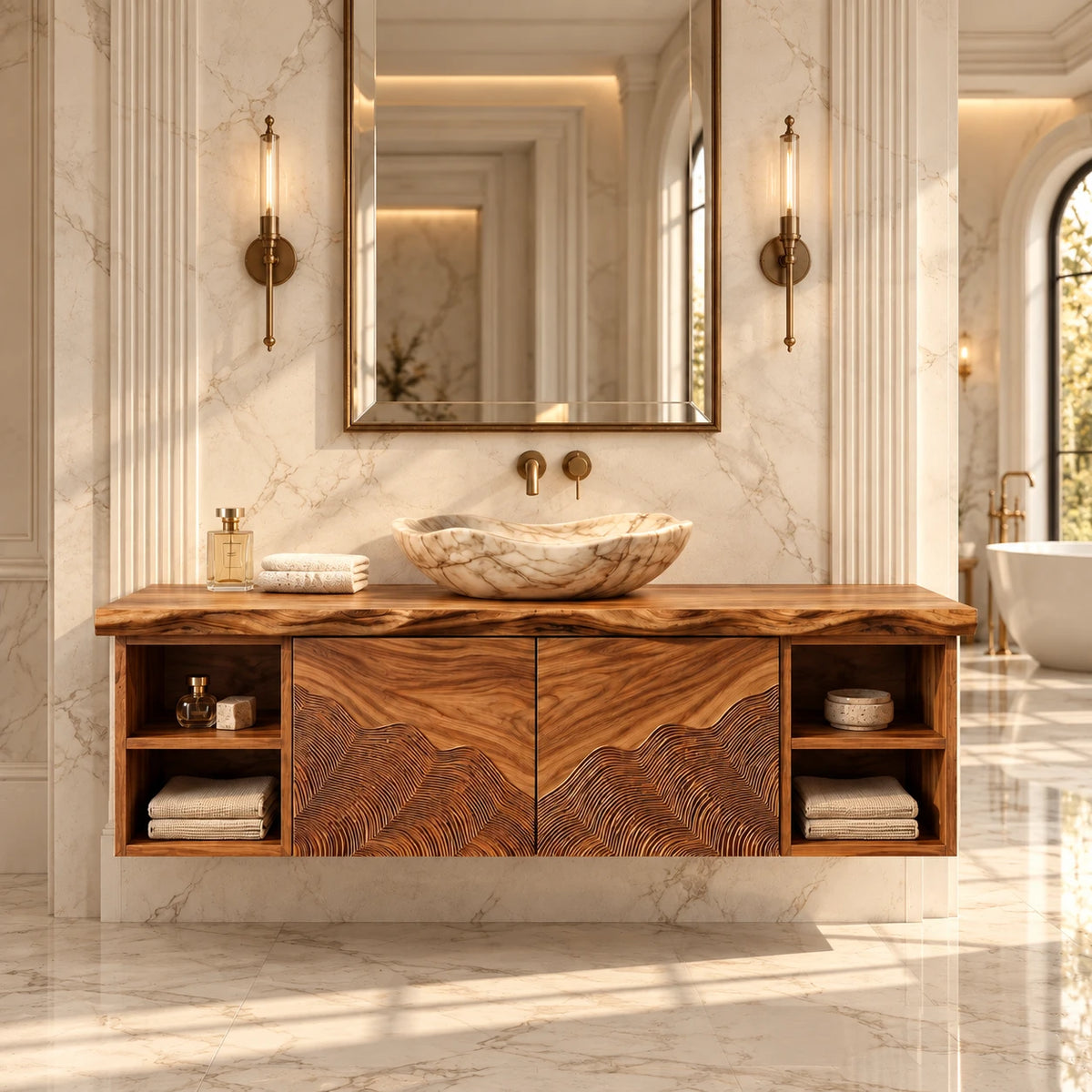 Single Bathroom Vanity with Sink, Wave-Carved Doors and Open End Shelves - Woodenecho - 10