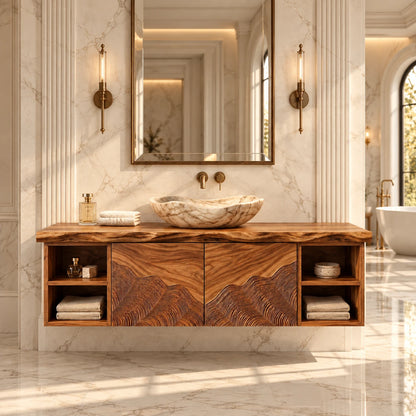 Single Bathroom Vanity with Sink, Wave-Carved Doors and Open End Shelves - Woodenecho - 10