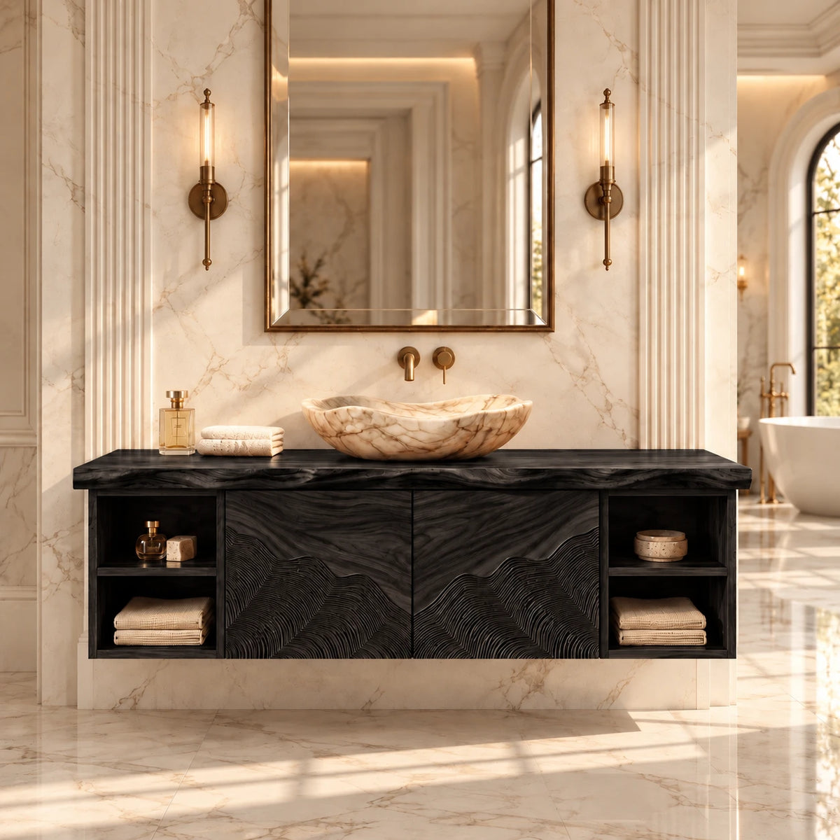 Single Bathroom Vanity with Sink, Wave-Carved Doors and Open End Shelves - Woodenecho - 11